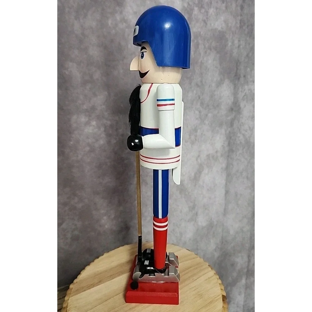 Hockey Player Nutcracker Puck Stick Red Blue White Wood Christmas 16